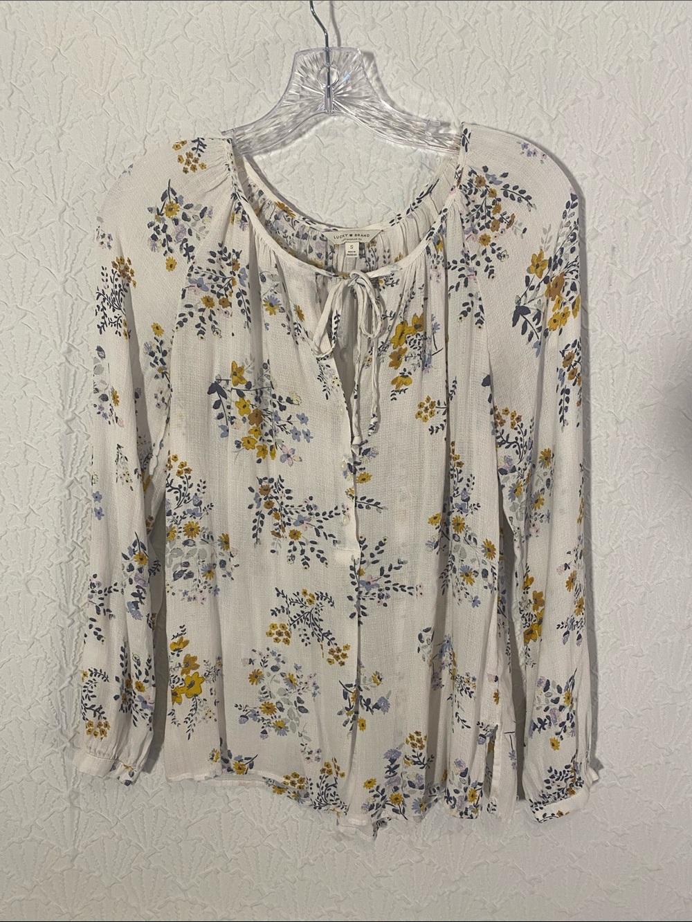 Lucky Brand Cream Floral Tie-Neck Blouse with Yellow & Blue Accents